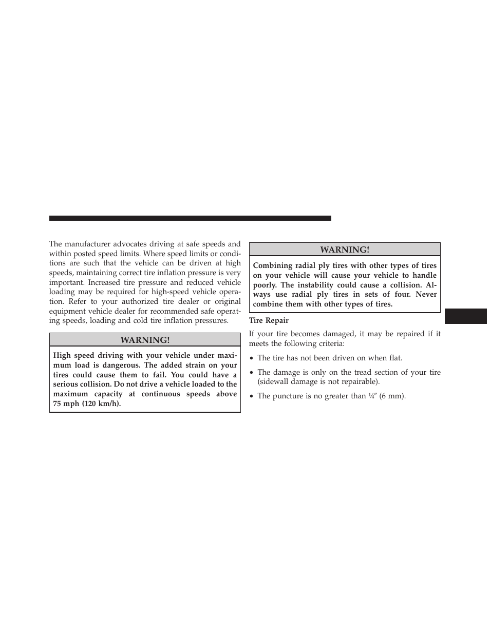 Tire pressures for high speed operation, Radial ply tires | Dodge 2014 Grand_Caravan - Owner Manual User Manual | Page 511 / 698