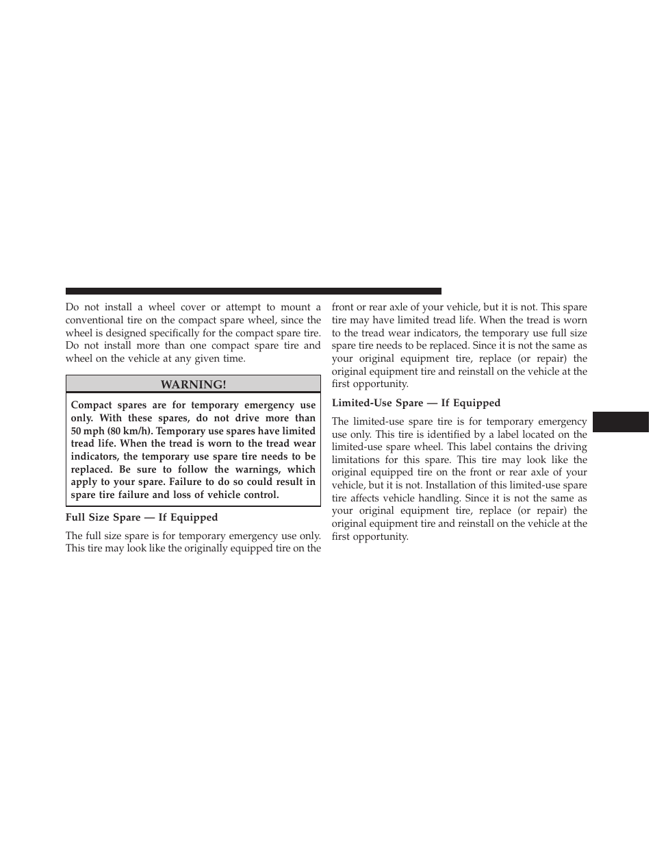 Full size spare — if equipped, Limited-use spare — if equipped | Dodge 2014 Grand_Caravan - Owner Manual User Manual | Page 515 / 698