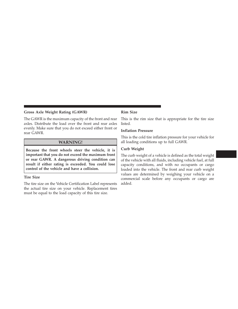 Gross axle weight rating (gawr), Tire size, Rim size | Inflation pressure, Curb weight | Dodge 2014 Grand_Caravan - Owner Manual User Manual | Page 543 / 698