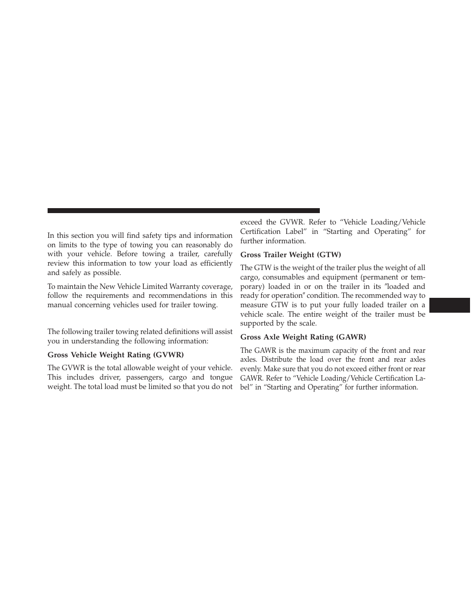 Trailer towing, Common towing definitions, Gross vehicle weight rating (gvwr) | Gross trailer weight (gtw), Gross axle weight rating (gawr) | Dodge 2014 Grand_Caravan - Owner Manual User Manual | Page 545 / 698