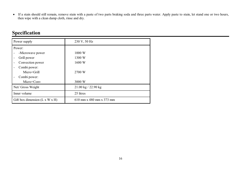 Specification | Hyundai H-MW1625 User Manual | Page 16 / 31