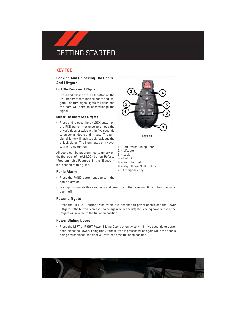 Getting started, Key fob, Locking and unlocking the doors and liftgate | Panic alarm, Power liftgate, Power sliding doors | Dodge 2014 Grand_Caravan - User Guide User Manual | Page 10 / 156