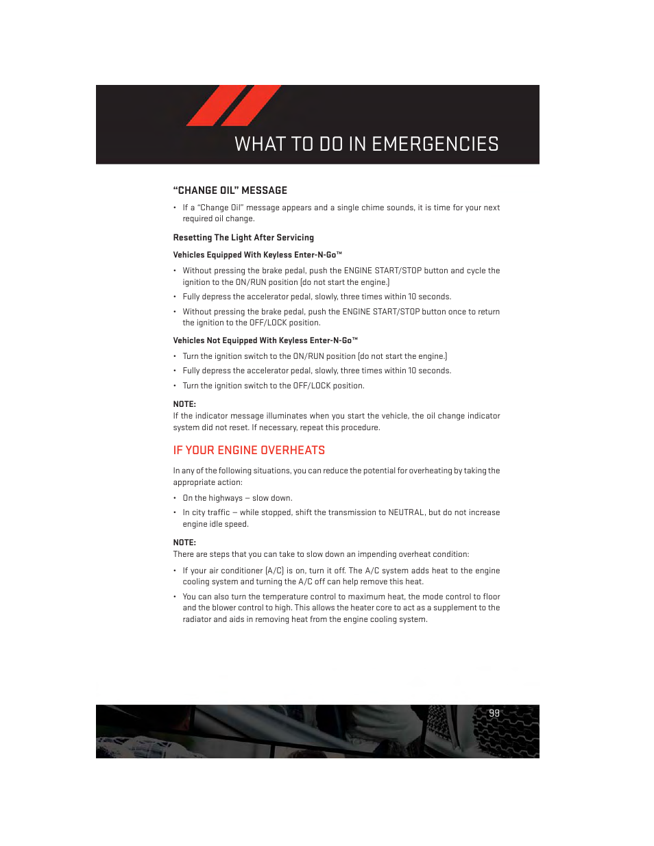 Change oil” message, If your engine overheats, What to do in emergencies | Dodge 2014 Grand_Caravan - User Guide User Manual | Page 101 / 156