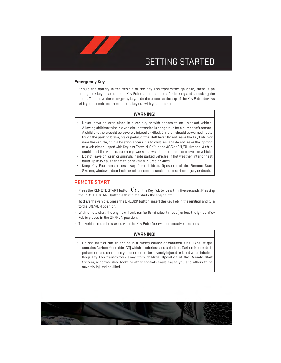 Emergency key, Remote start, Getting started | Dodge 2014 Grand_Caravan - User Guide User Manual | Page 11 / 156