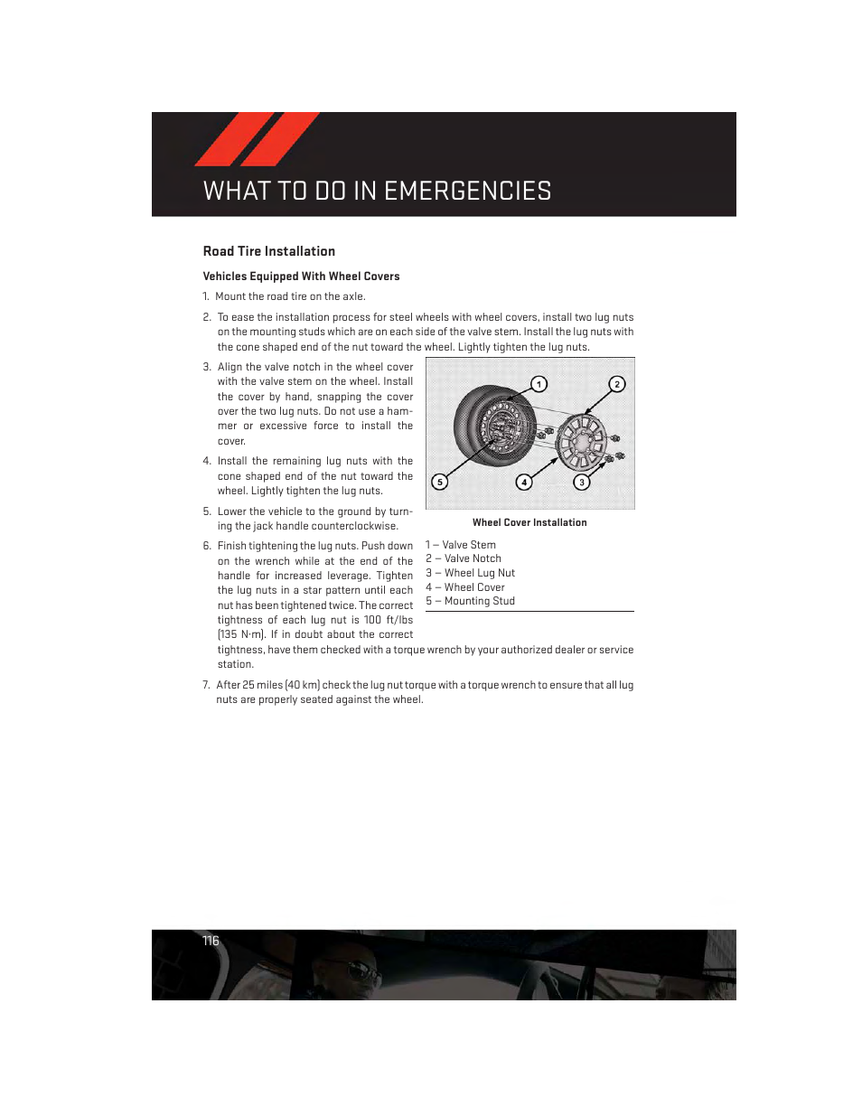 Road tire installation, What to do in emergencies | Dodge 2014 Grand_Caravan - User Guide User Manual | Page 118 / 156