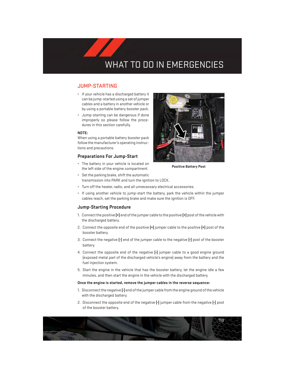 Jump-starting, Preparations for jump-start, Jump-starting procedure | What to do in emergencies | Dodge 2014 Grand_Caravan - User Guide User Manual | Page 121 / 156