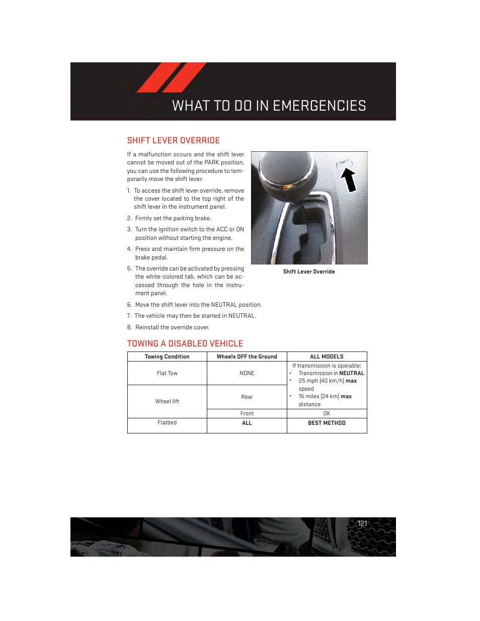 Shift lever override, Towing a disabled vehicle, What to do in emergencies | Dodge 2014 Grand_Caravan - User Guide User Manual | Page 123 / 156