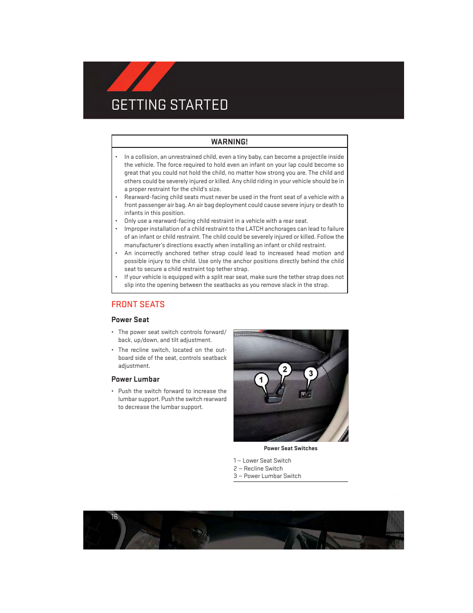 Front seats, Power seat, Power lumbar | Getting started | Dodge 2014 Grand_Caravan - User Guide User Manual | Page 18 / 156