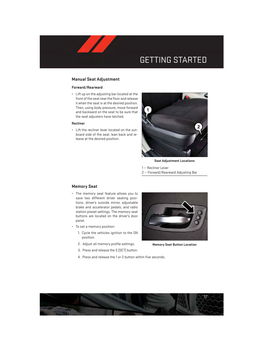 Manual seat adjustment, Memory seat, Getting started | Dodge 2014 Grand_Caravan - User Guide User Manual | Page 19 / 156