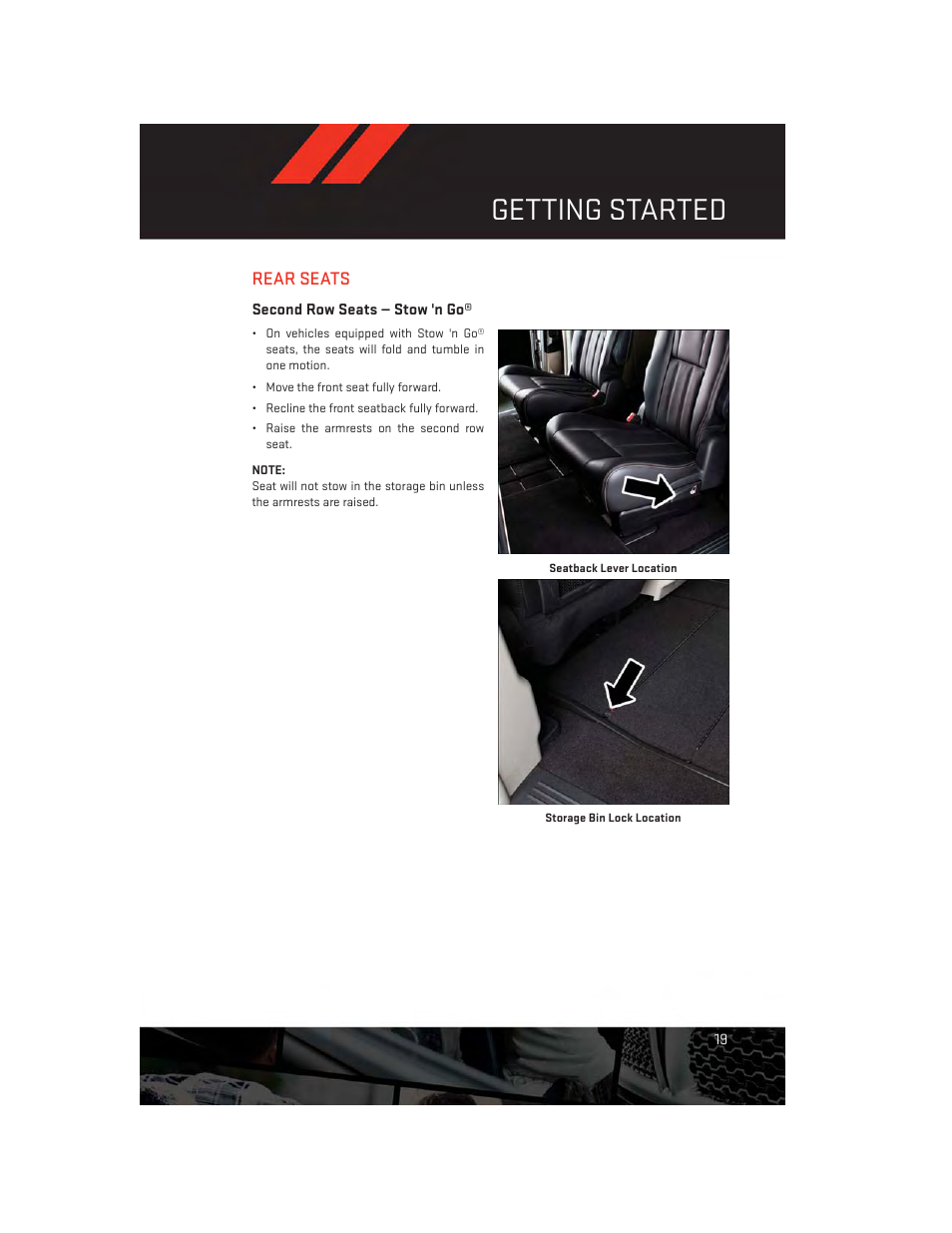 Rear seats, Second row seats — stow 'n go, Getting started | Dodge 2014 Grand_Caravan - User Guide User Manual | Page 21 / 156