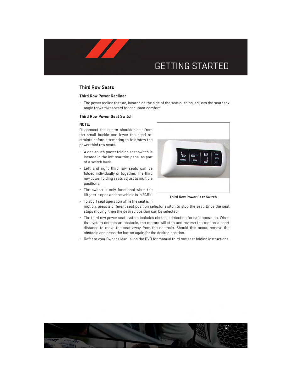 Third row seats, Getting started | Dodge 2014 Grand_Caravan - User Guide User Manual | Page 23 / 156