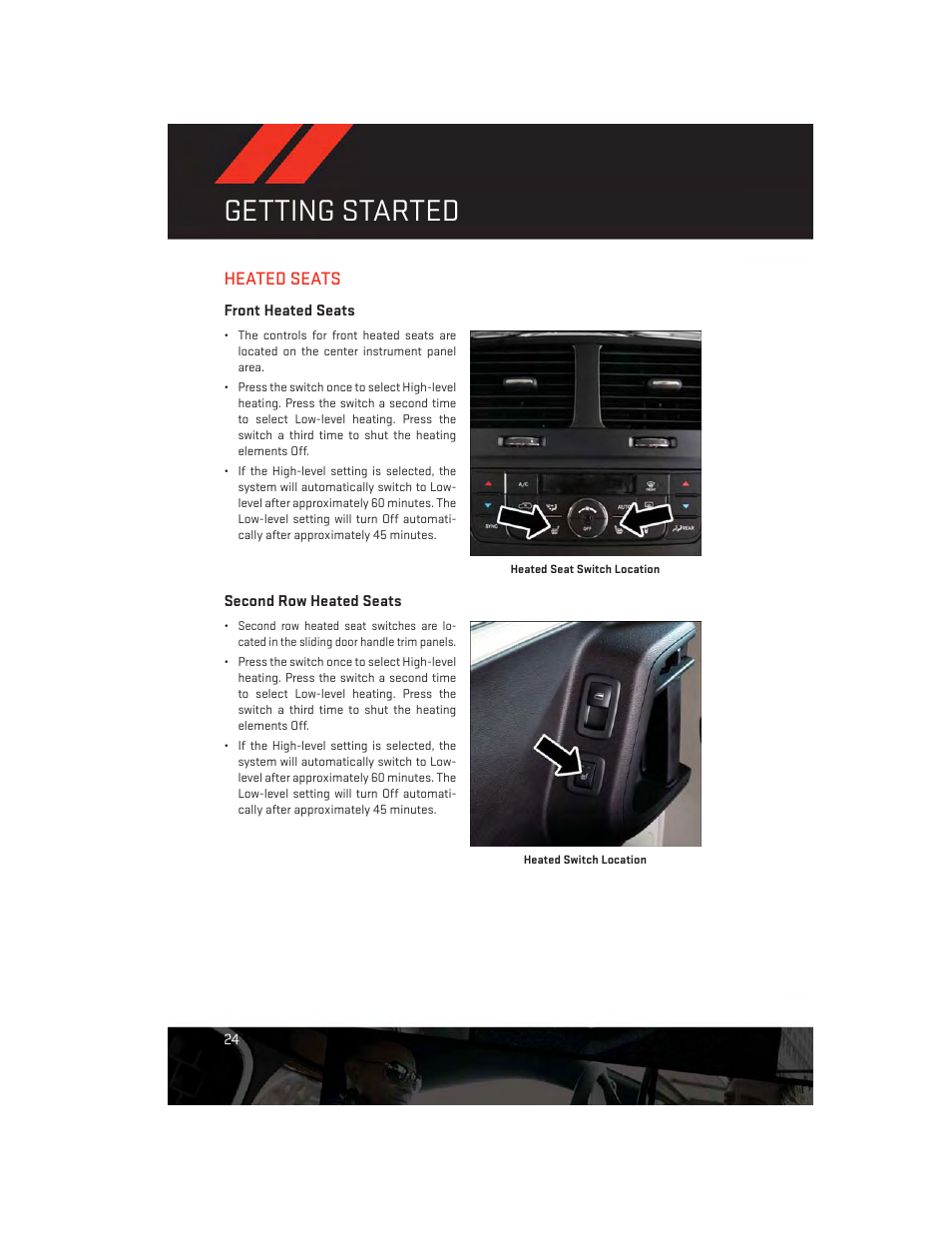 Heated seats, Front heated seats, Second row heated seats | Getting started | Dodge 2014 Grand_Caravan - User Guide User Manual | Page 26 / 156