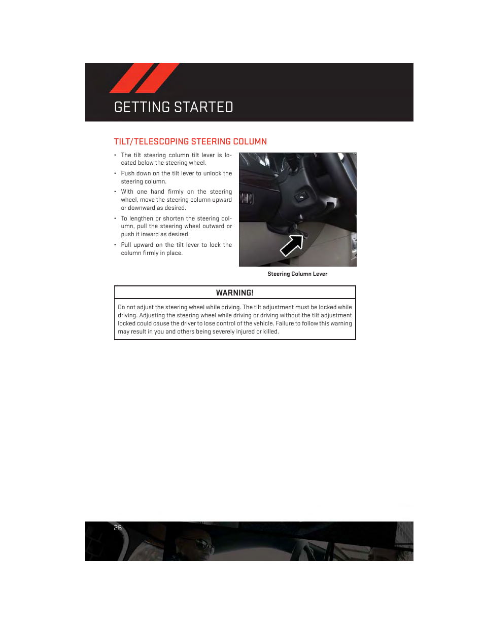 Tilt/telescoping steering column, Getting started | Dodge 2014 Grand_Caravan - User Guide User Manual | Page 28 / 156