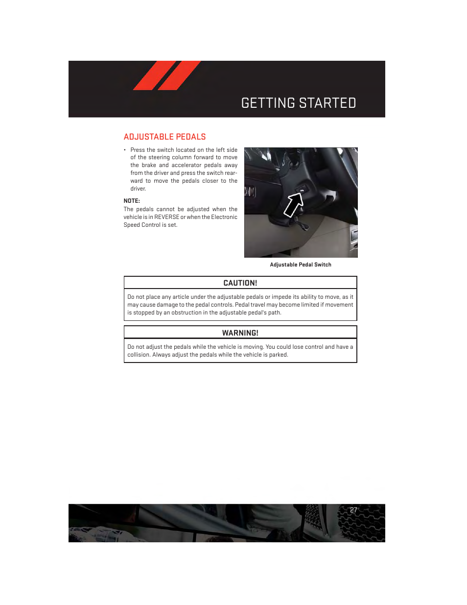 Adjustable pedals, Getting started | Dodge 2014 Grand_Caravan - User Guide User Manual | Page 29 / 156