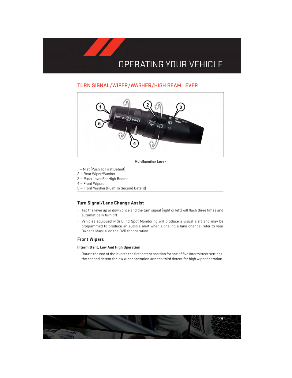 Turn signal/wiper/washer/high beam lever, Turn signal/lane change assist, Front wipers | Operating your vehicle | Dodge 2014 Grand_Caravan - User Guide User Manual | Page 31 / 156