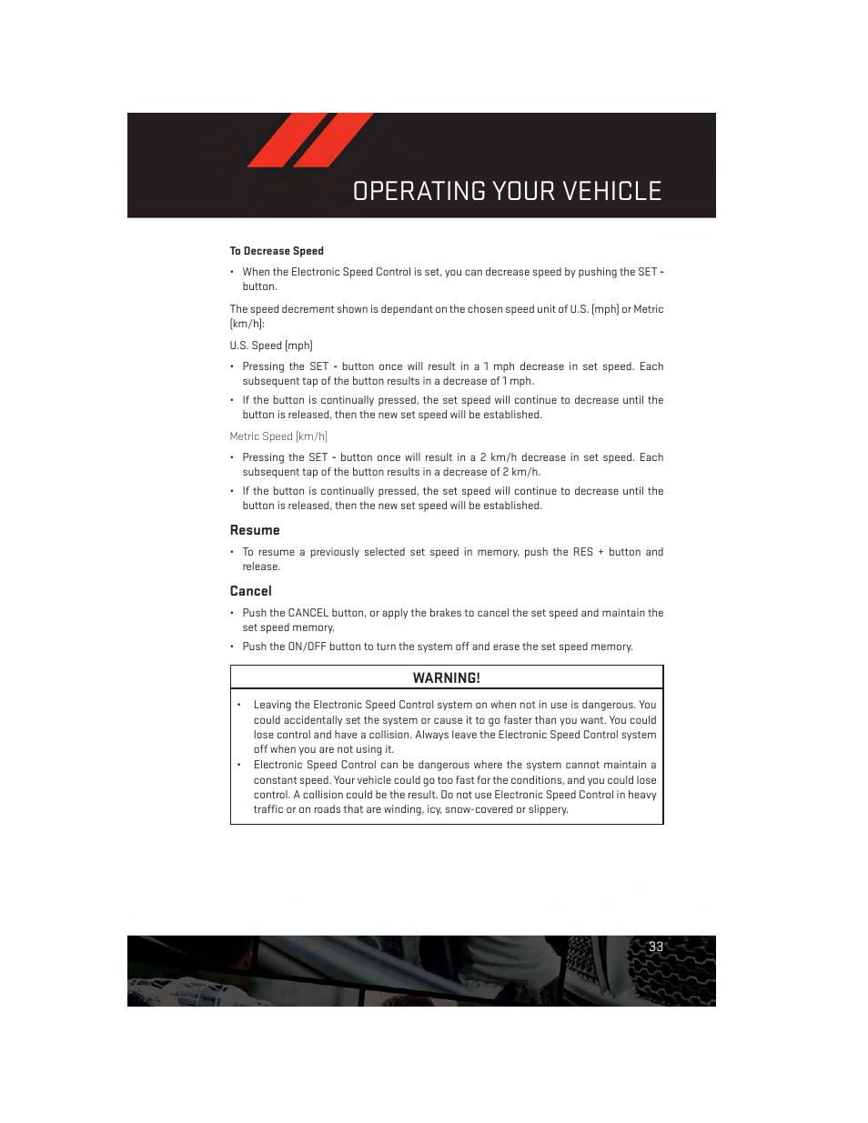 Resume, Cancel, Operating your vehicle | Dodge 2014 Grand_Caravan - User Guide User Manual | Page 35 / 156