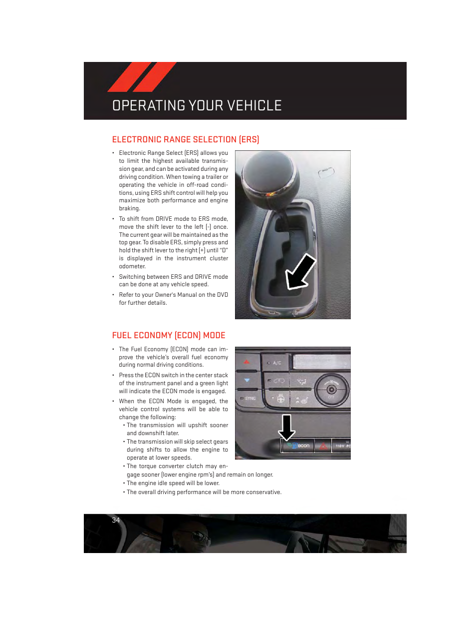 Electronic range selection (ers), Fuel economy (econ) mode, Operating your vehicle | Dodge 2014 Grand_Caravan - User Guide User Manual | Page 36 / 156