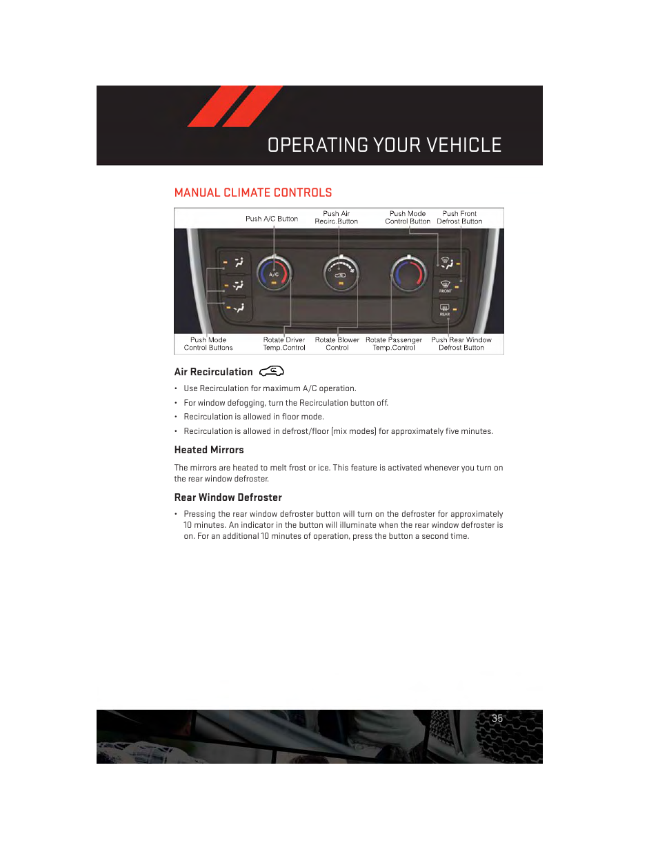 Manual climate controls, Air recirculation, Heated mirrors | Rear window defroster, Operating your vehicle | Dodge 2014 Grand_Caravan - User Guide User Manual | Page 37 / 156