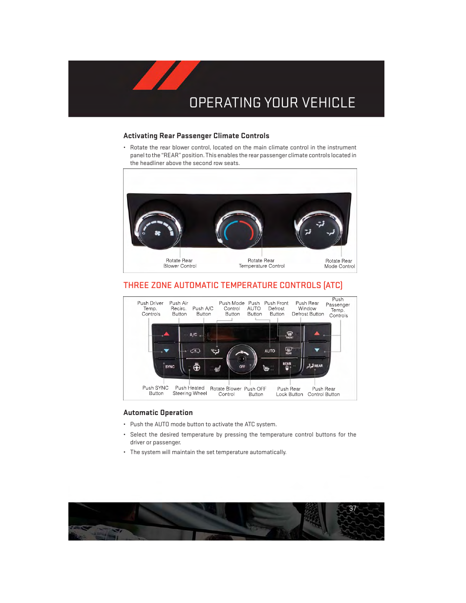 Activating rear passenger climate controls, Three zone automatic temperature controls (atc), Automatic operation | Operating your vehicle | Dodge 2014 Grand_Caravan - User Guide User Manual | Page 39 / 156