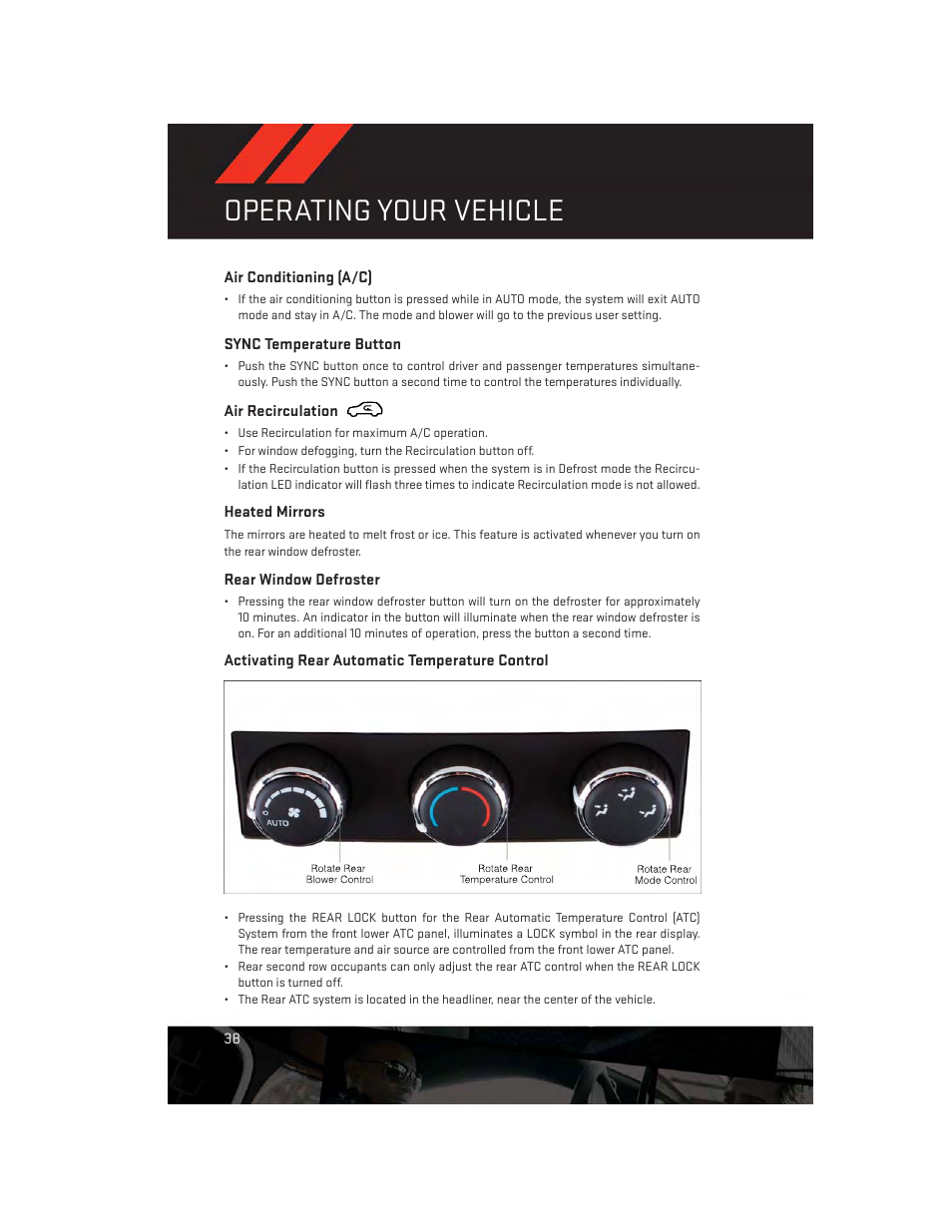 Air conditioning (a/c), Sync temperature button, Air recirculation | Heated mirrors, Rear window defroster, Activating rear automatic temperature control, Operating your vehicle | Dodge 2014 Grand_Caravan - User Guide User Manual | Page 40 / 156