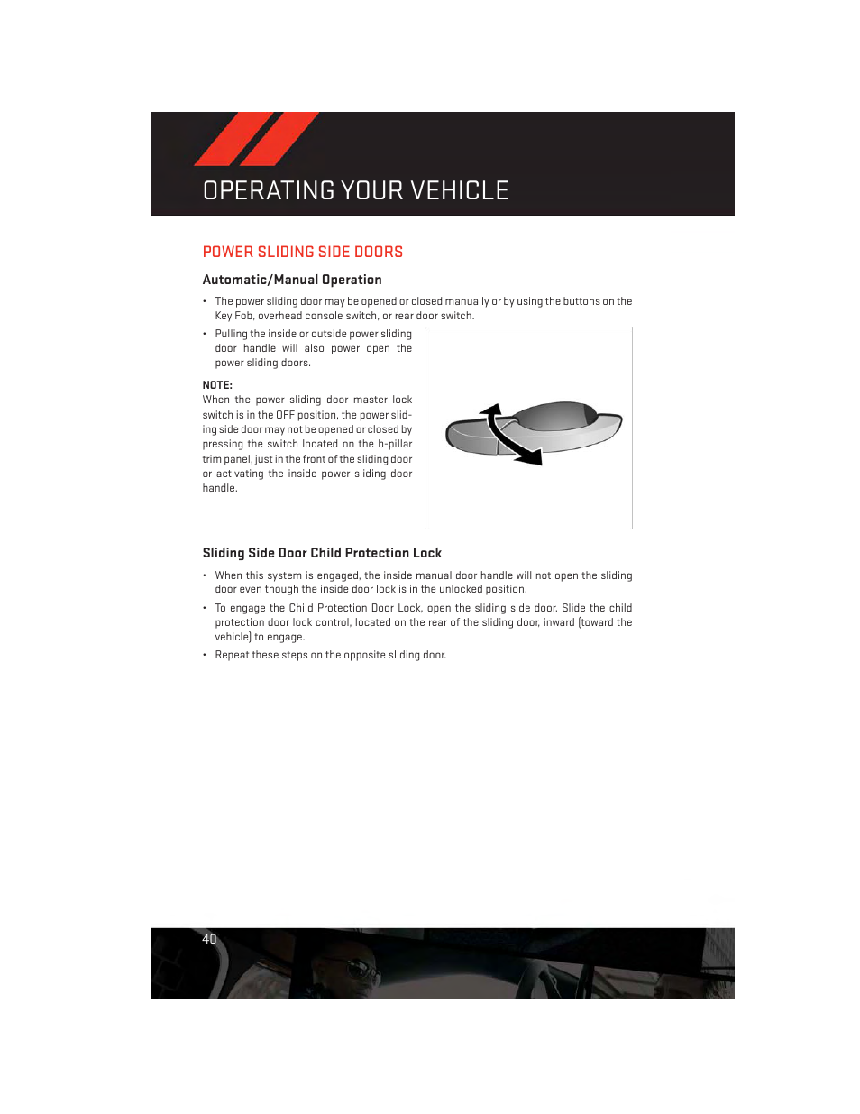 Power sliding side doors, Automatic/manual operation, Sliding side door child protection lock | Operating your vehicle | Dodge 2014 Grand_Caravan - User Guide User Manual | Page 42 / 156