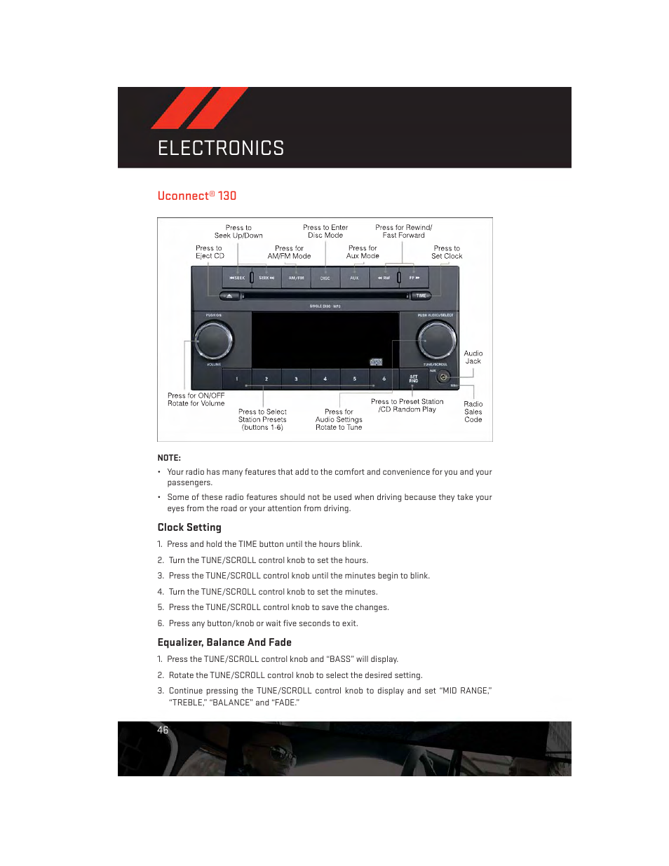 Uconnect® 130, Clock setting, Equalizer, balance and fade | Electronics | Dodge 2014 Grand_Caravan - User Guide User Manual | Page 48 / 156