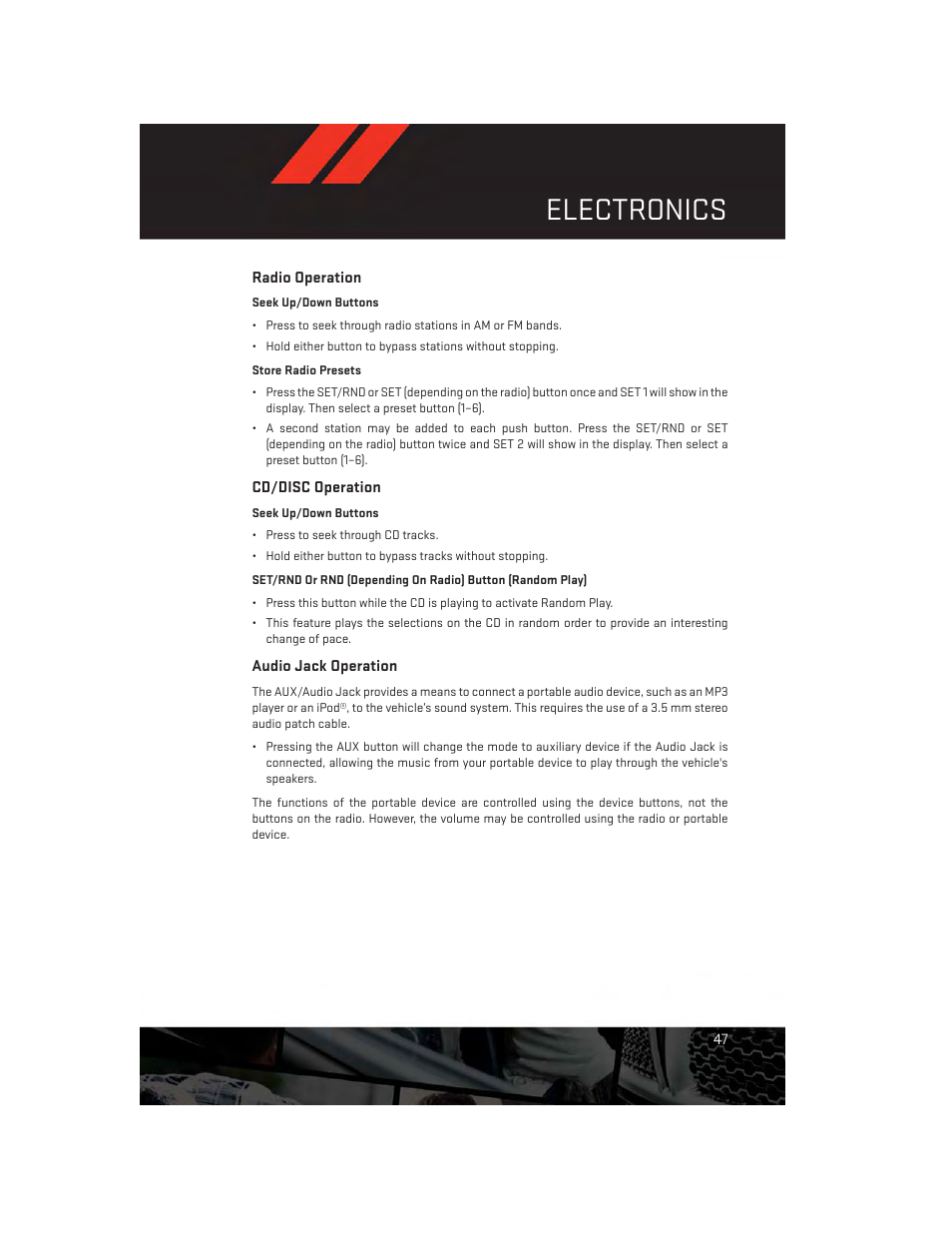 Radio operation, Cd/disc operation, Audio jack operation | Electronics | Dodge 2014 Grand_Caravan - User Guide User Manual | Page 49 / 156