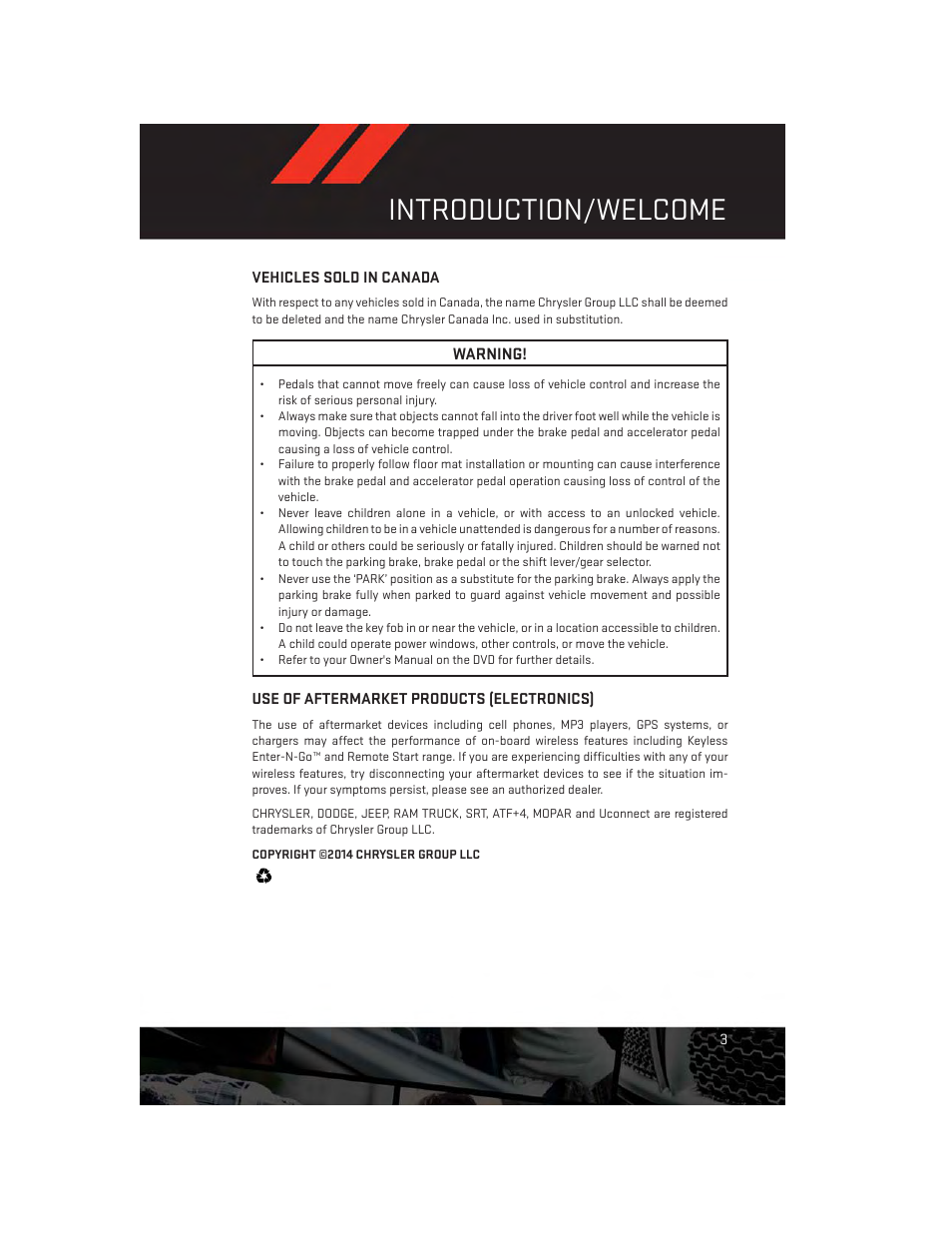 Vehicles sold in canada, Use of aftermarket products (electronics), Introduction/welcome | Dodge 2014 Grand_Caravan - User Guide User Manual | Page 5 / 156