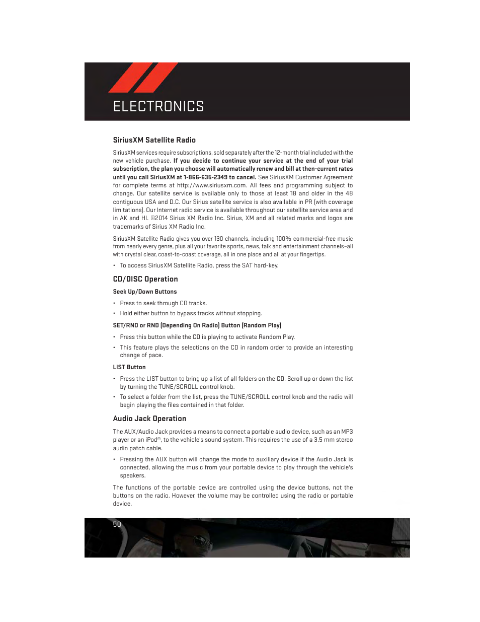 Siriusxm satellite radio, Cd/disc operation, Audio jack operation | Electronics | Dodge 2014 Grand_Caravan - User Guide User Manual | Page 52 / 156