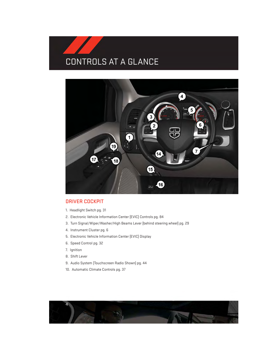 Controls at a glance, Driver cockpit | Dodge 2014 Grand_Caravan - User Guide User Manual | Page 6 / 156