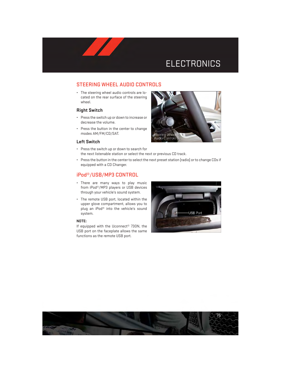 Steering wheel audio controls, Right switch, Left switch | Ipod®/usb/mp3 control, Electronics | Dodge 2014 Grand_Caravan - User Guide User Manual | Page 77 / 156