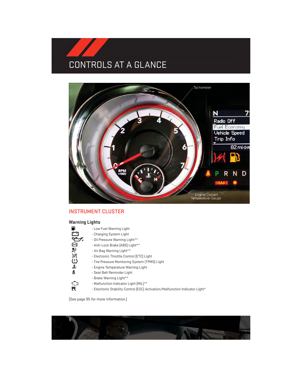 Instrument cluster, Warning lights, Controls at a glance | Dodge 2014 Grand_Caravan - User Guide User Manual | Page 8 / 156