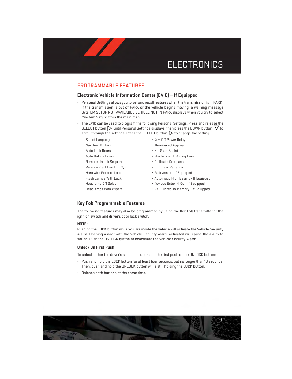 Programmable features, Key fob programmable features, Electronics | Dodge 2014 Grand_Caravan - User Guide User Manual | Page 87 / 156