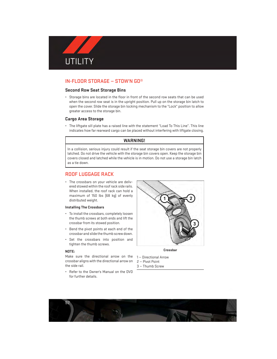 Utility, In-floor storage — stow'n go, Second row seat storage bins | Cargo area storage, Roof luggage rack | Dodge 2014 Grand_Caravan - User Guide User Manual | Page 94 / 156