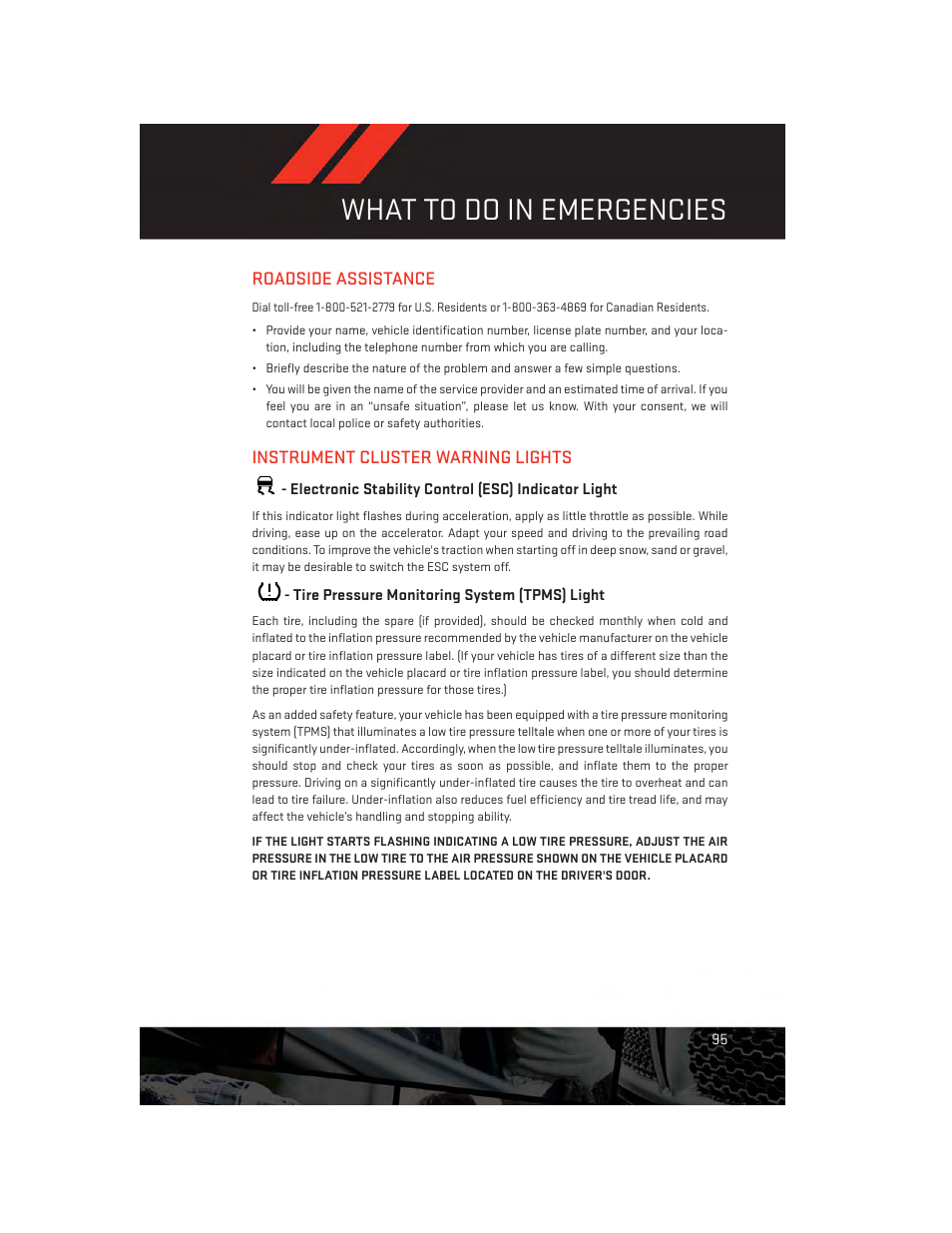 What to do in emergencies, Roadside assistance, Instrument cluster warning lights | Electronic stability control (esc) indicator light, Tire pressure monitoring system (tpms) light | Dodge 2014 Grand_Caravan - User Guide User Manual | Page 97 / 156