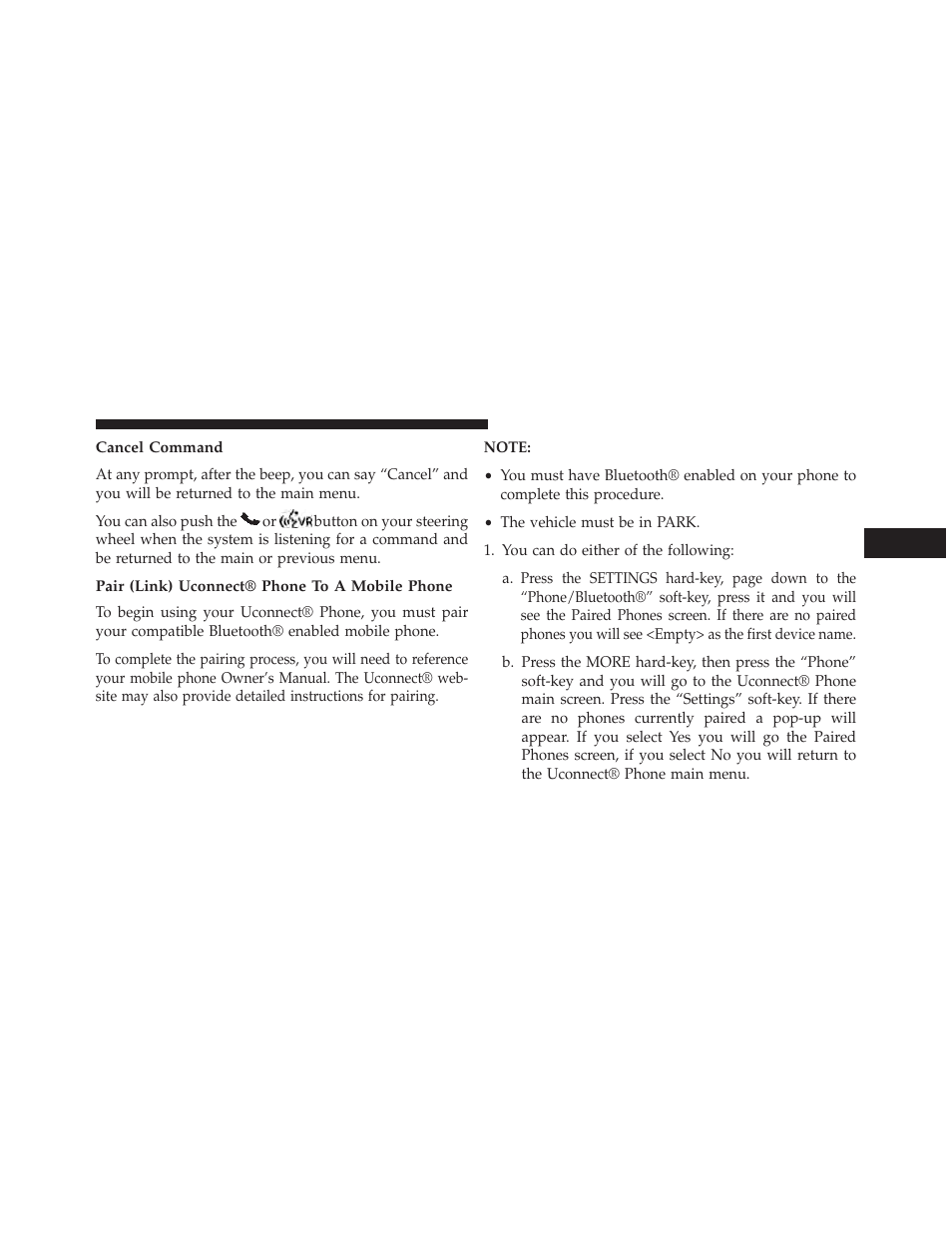 Cancel command, Pair (link) uconnect® phone to a mobile phone | Dodge 2014 Journey - Owner Manual User Manual | Page 131 / 651