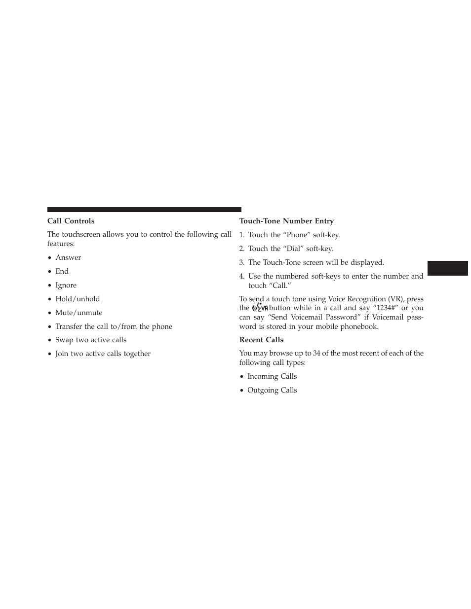 Call controls, Touch-tone number entry, Recent calls | Dodge 2014 Journey - Owner Manual User Manual | Page 137 / 651