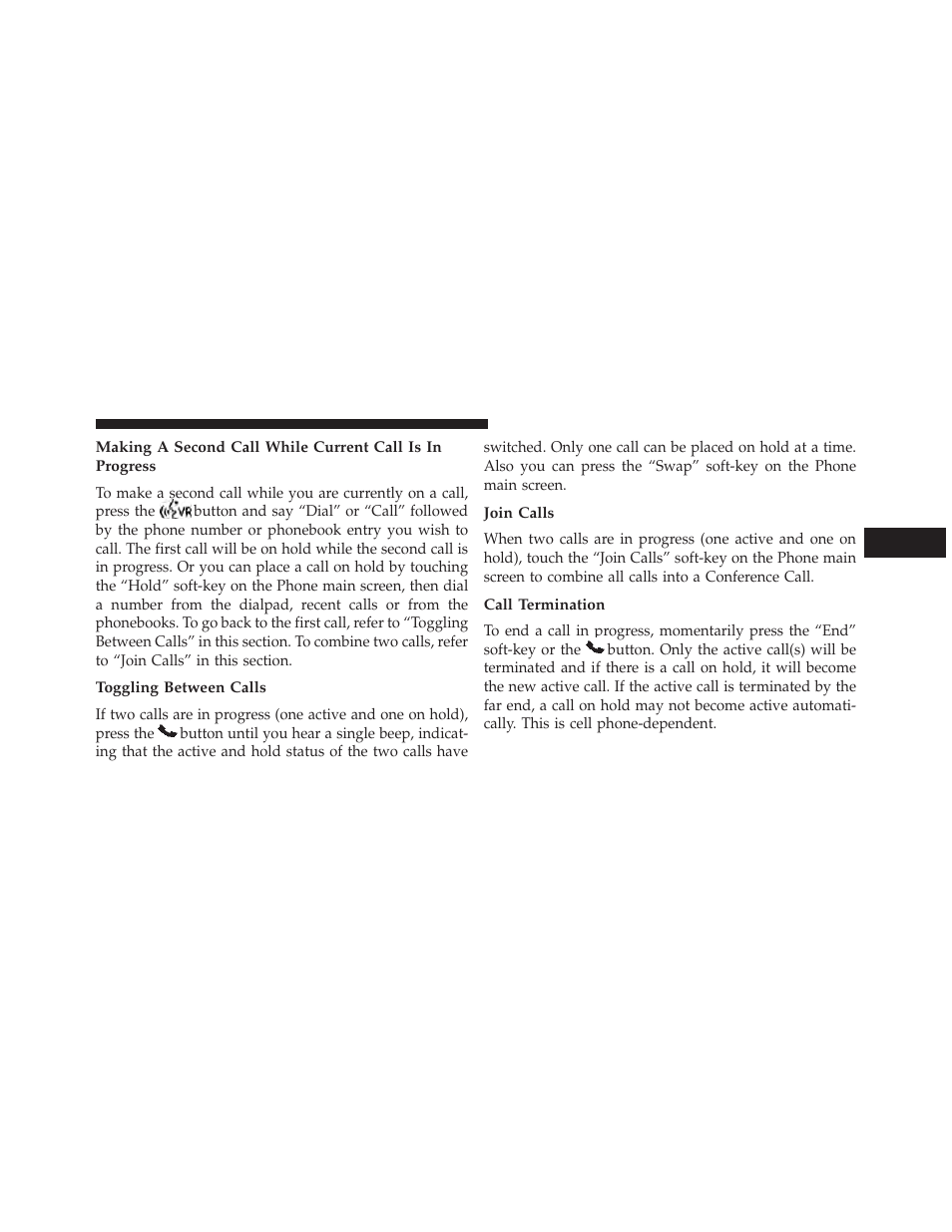 Toggling between calls, Join calls, Call termination | Dodge 2014 Journey - Owner Manual User Manual | Page 139 / 651