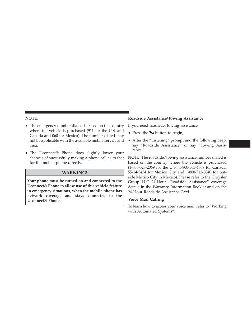 Roadside assistance/towing assistance, Voice mail calling | Dodge 2014 Journey - Owner Manual User Manual | Page 141 / 651