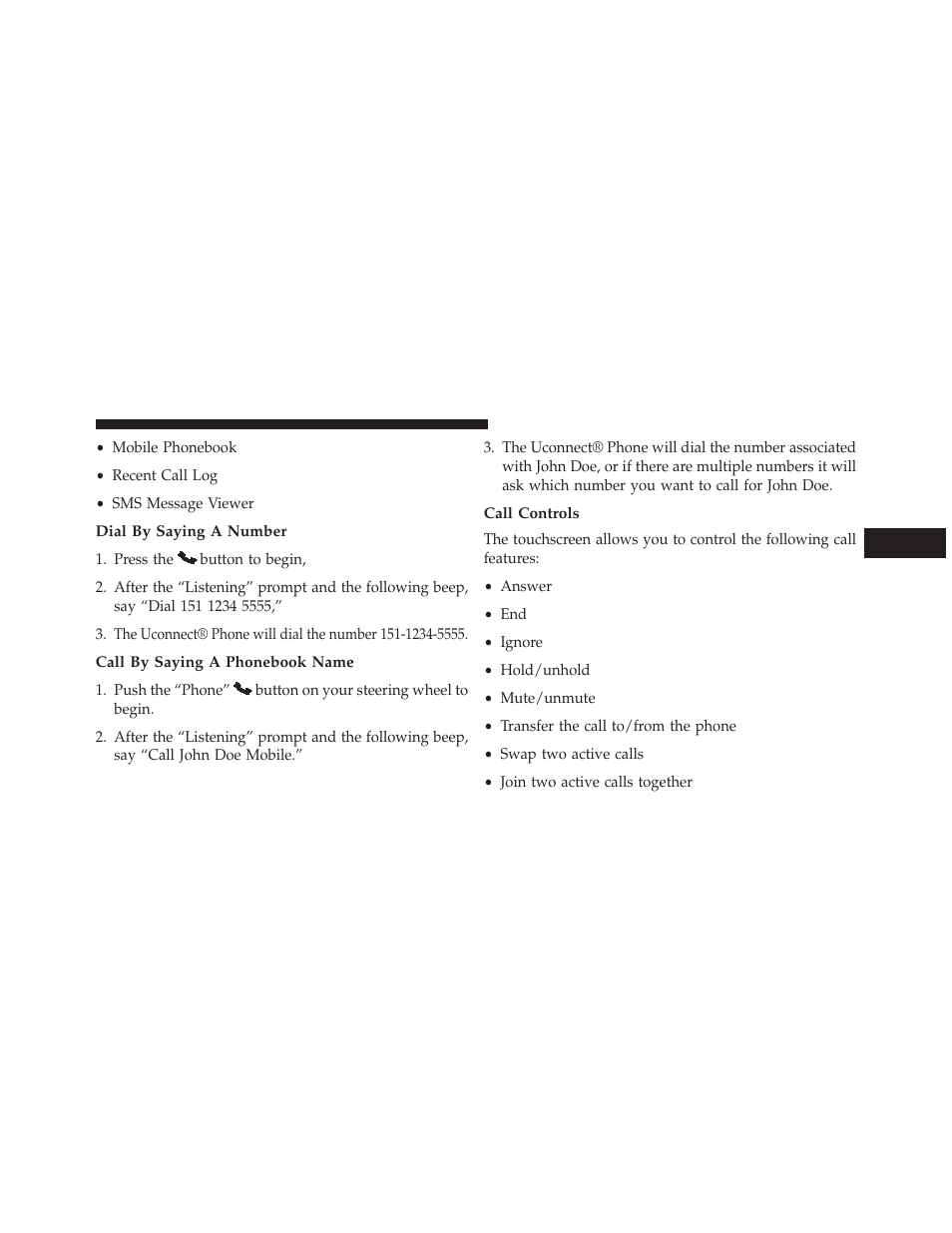 Dial by saying a number, Call by saying a phonebook name, Call controls | Dodge 2014 Journey - Owner Manual User Manual | Page 165 / 651