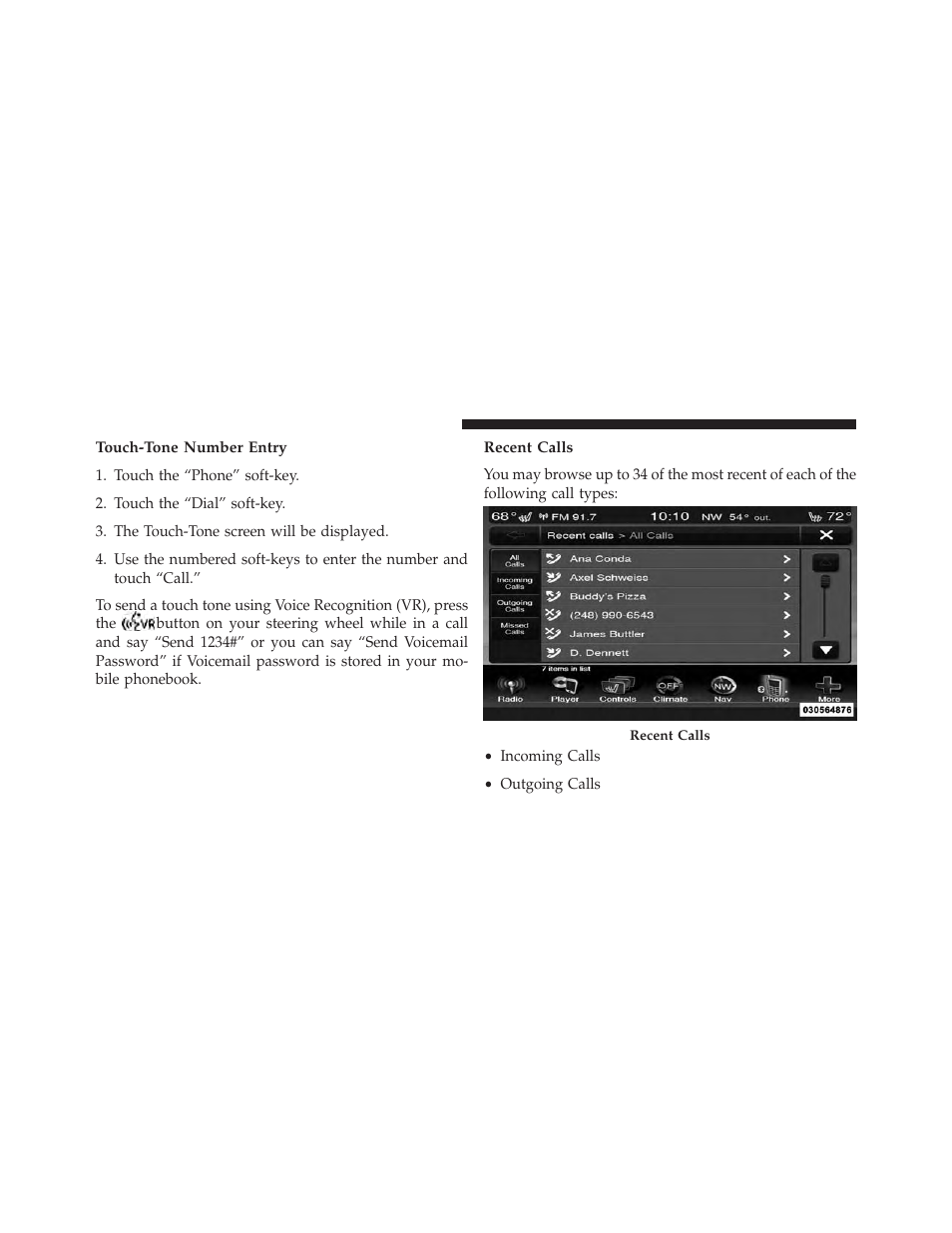 Touch-tone number entry, Recent calls | Dodge 2014 Journey - Owner Manual User Manual | Page 166 / 651