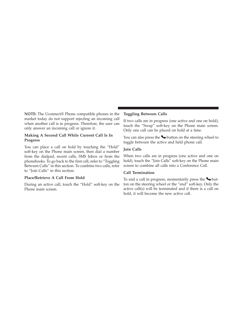 Place/retrieve a call from hold, Toggling between calls, Join calls | Call termination | Dodge 2014 Journey - Owner Manual User Manual | Page 168 / 651