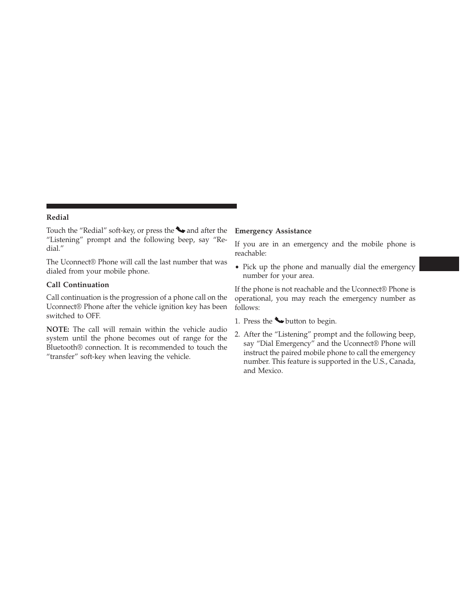 Redial, Call continuation, Uconnect® phone features | Emergency assistance | Dodge 2014 Journey - Owner Manual User Manual | Page 169 / 651