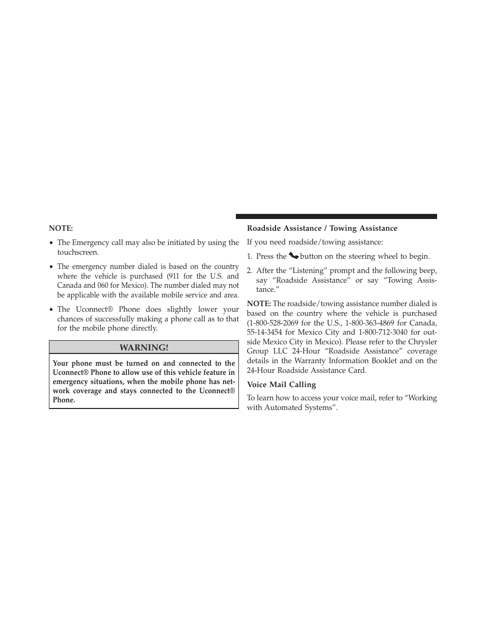 Roadside assistance / towing assistance, Voice mail calling | Dodge 2014 Journey - Owner Manual User Manual | Page 170 / 651