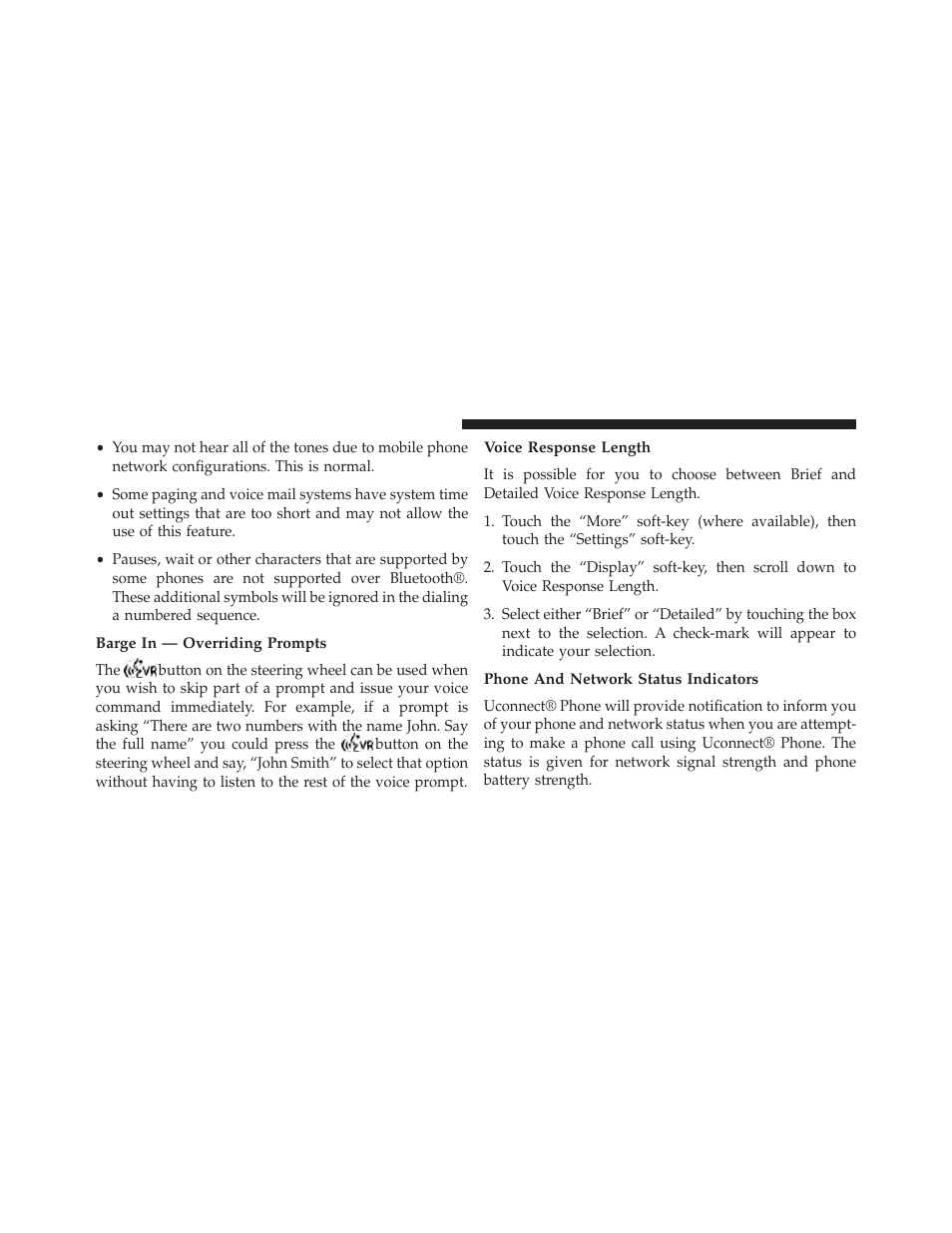Barge in — overriding prompts, Voice response length, Phone and network status indicators | Dodge 2014 Journey - Owner Manual User Manual | Page 172 / 651