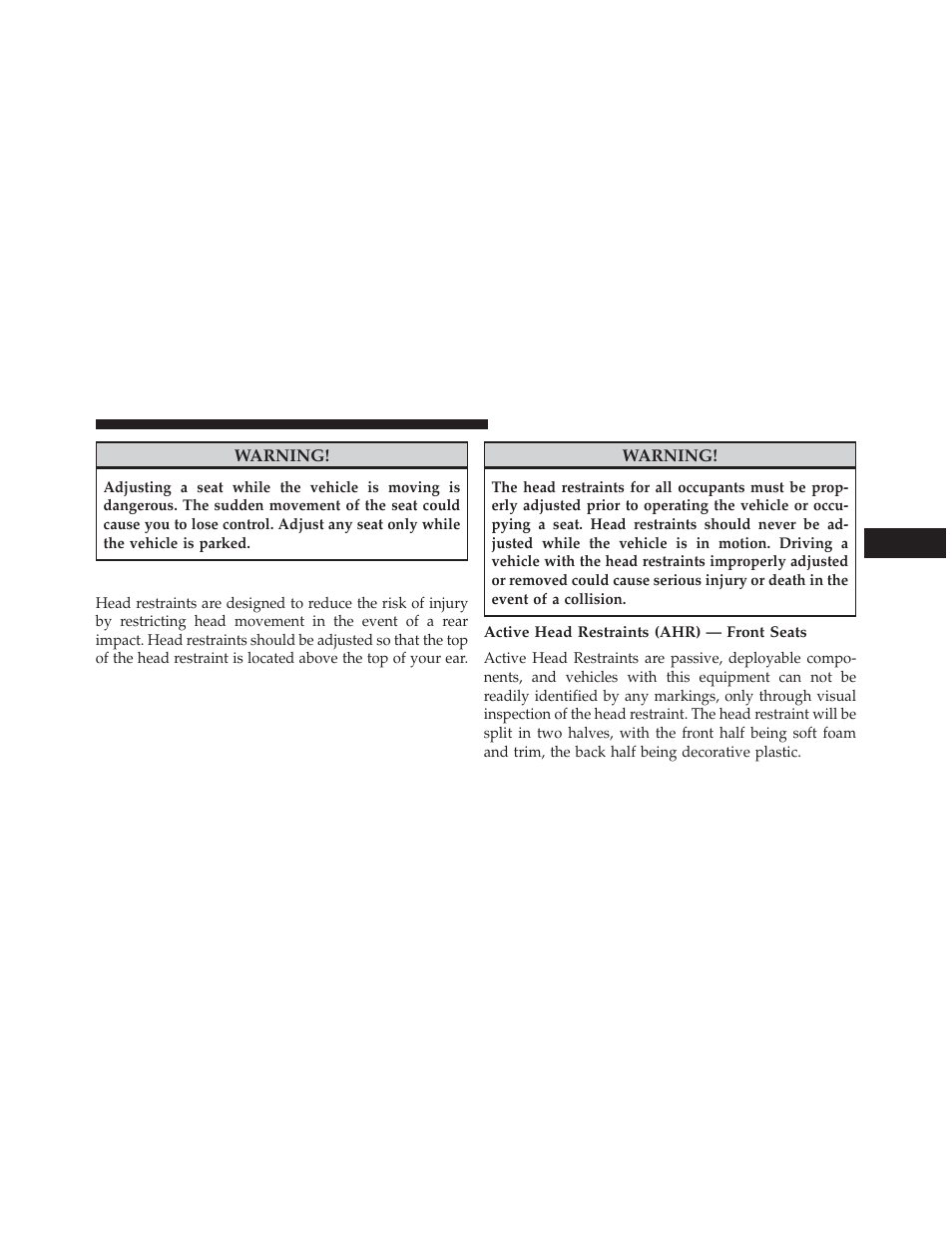 Head restraints, Active head restraints (ahr) — front seats | Dodge 2014 Journey - Owner Manual User Manual | Page 211 / 651