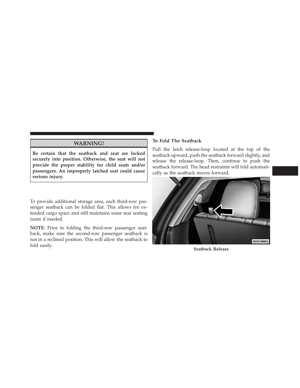 To fold the seatback, 50/50 split third-row passenger seats with, Fold-flat feature — seven passenger models | Dodge 2014 Journey - Owner Manual User Manual | Page 223 / 651