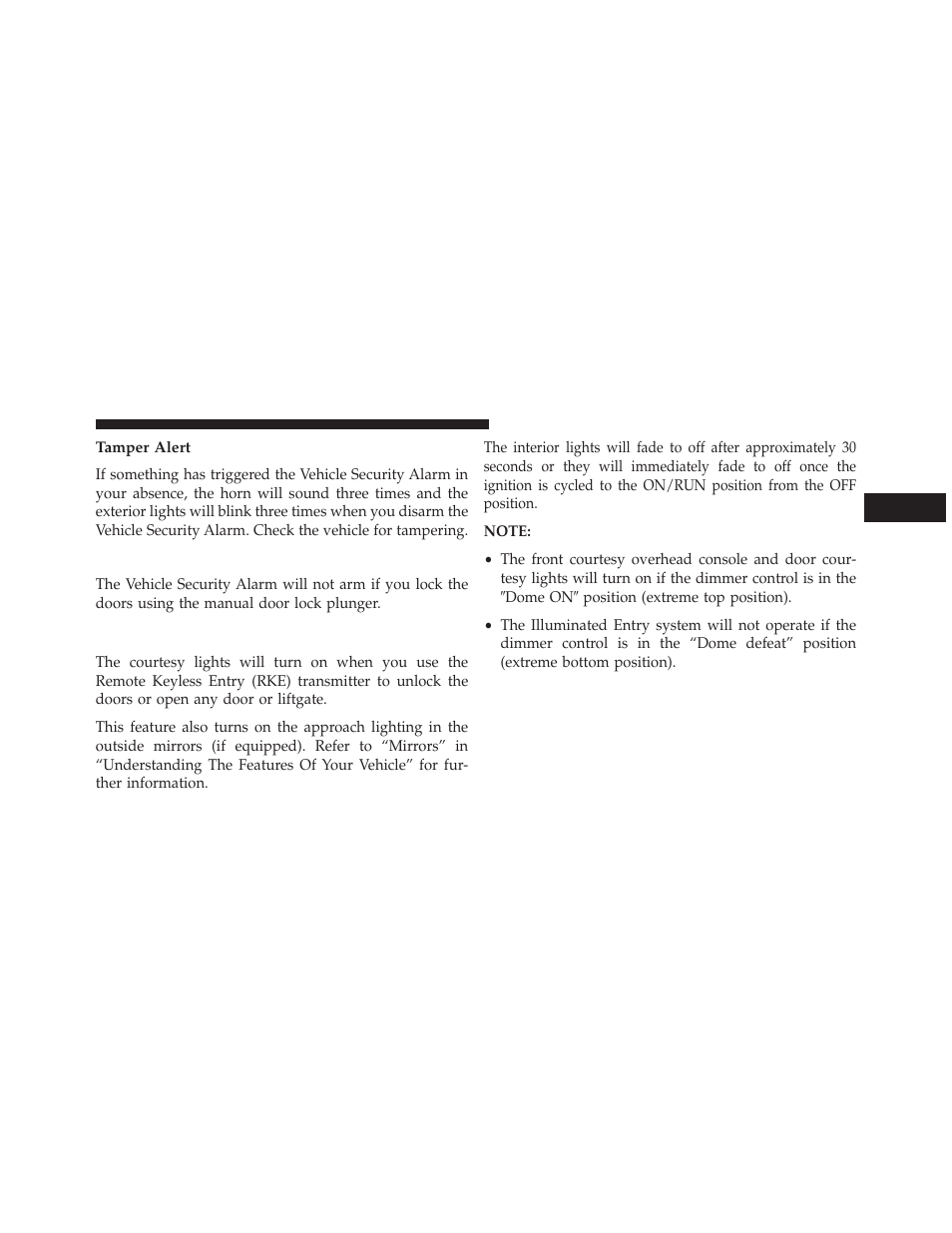 Tamper alert, Security system manual override, Illuminated entry | Dodge 2014 Journey - Owner Manual User Manual | Page 23 / 651