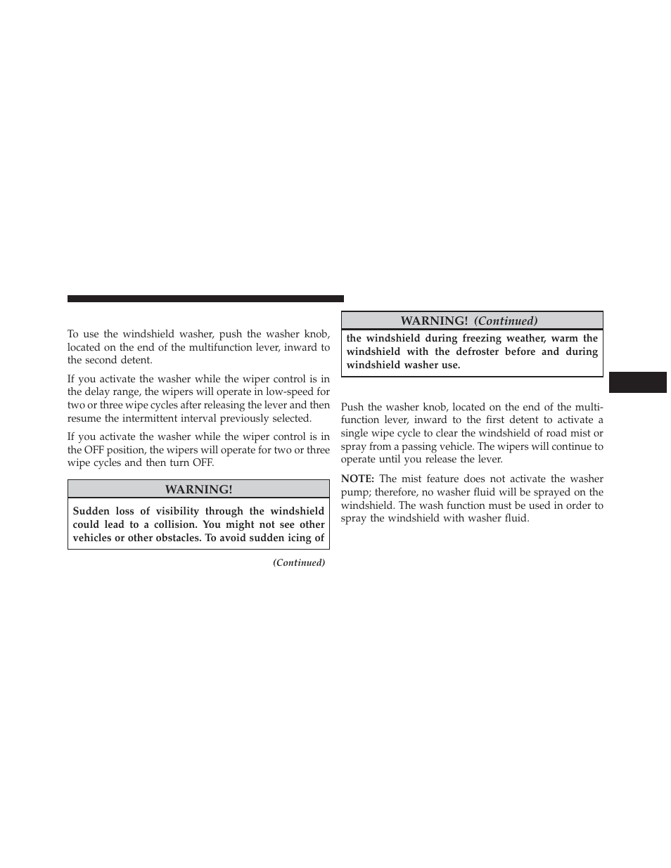 Windshield washers, Mist feature | Dodge 2014 Journey - Owner Manual User Manual | Page 237 / 651