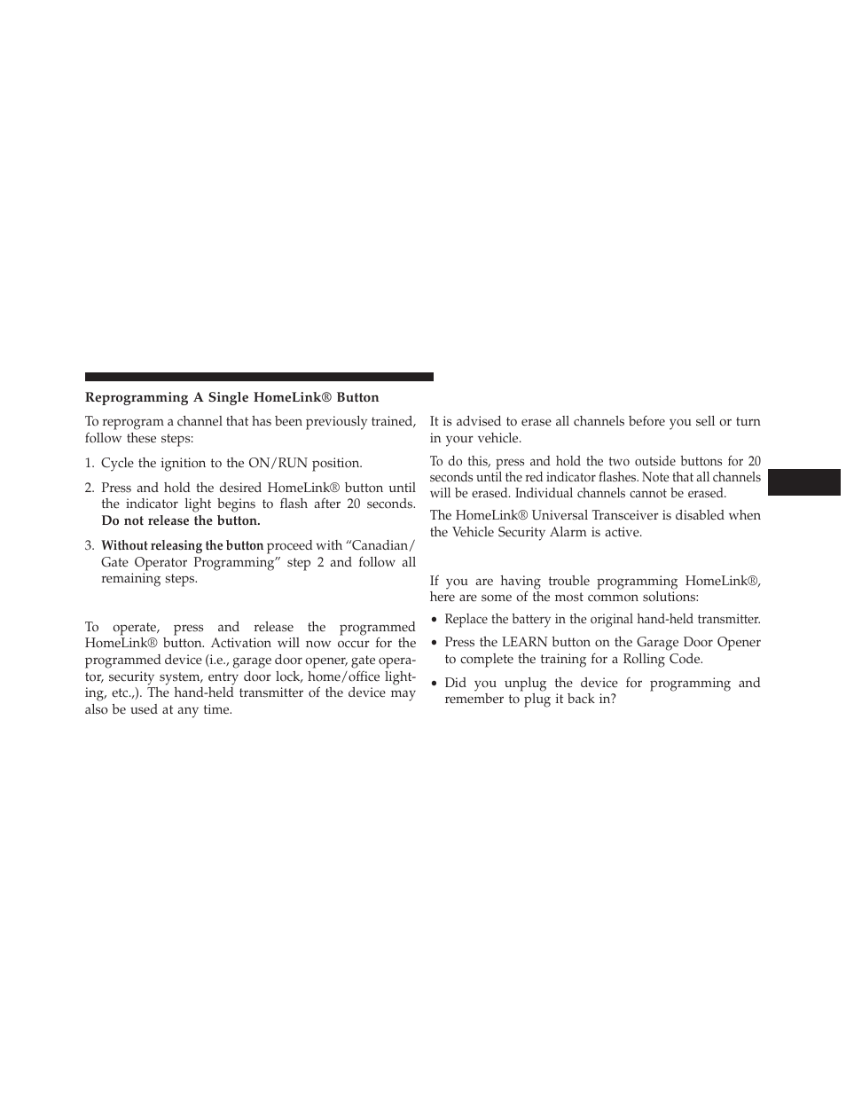 Reprogramming a single homelink® button, Using homelink, Security | Troubleshooting tips | Dodge 2014 Journey - Owner Manual User Manual | Page 265 / 651